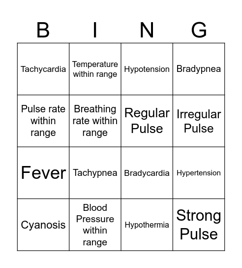 Vital Signs Bingo Card