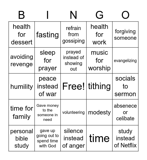 Sacrifice Bingo Card