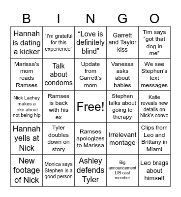 Love is Blind Bingo Card