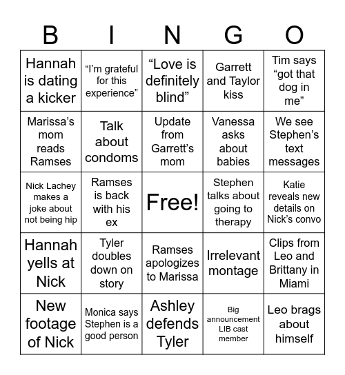 Love is Blind Bingo Card