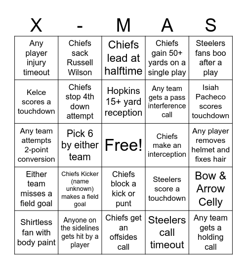Chiefs at Steelers - 12/25/24 Bingo Card
