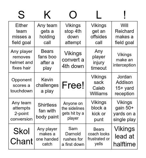 Vikings at Bears - 11/24/24 Bingo Card