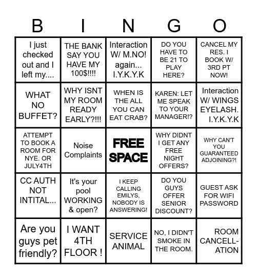 FRONT DESK DEPARTMENT Bingo Card