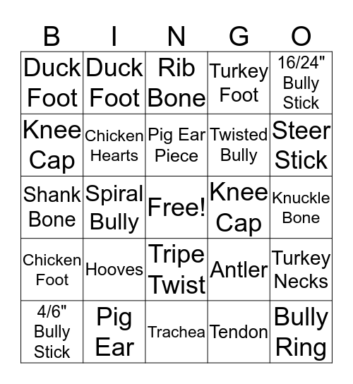 Animal Part Bingo Card