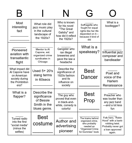 The Roaring Twenties Party Bingo Card