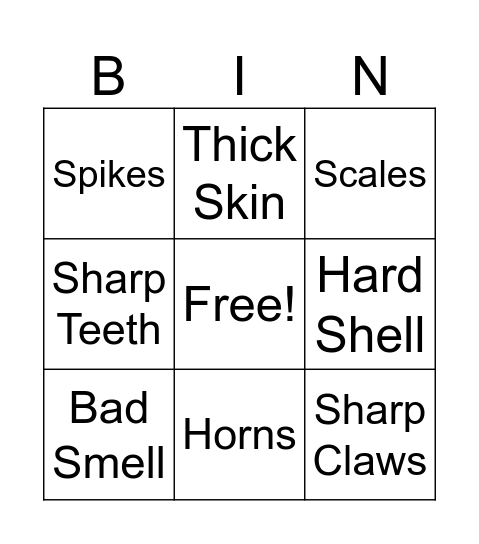 Animal Defenses Bingo Card