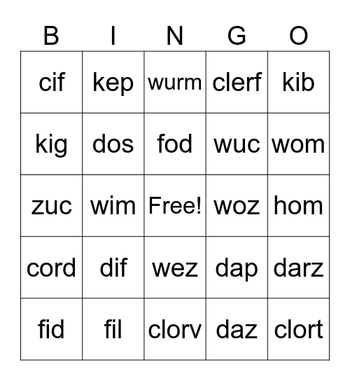 Nonsense Words Bingo Card