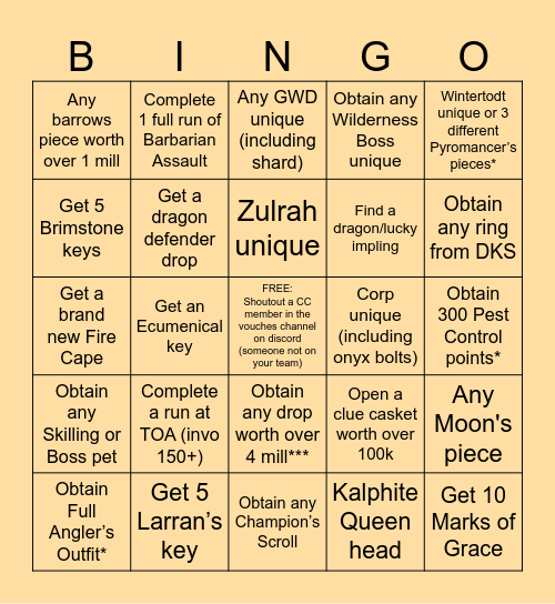 Old School RuneScape Bingo EZ Bingo Card