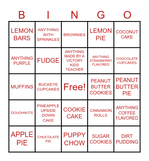 DESSERT BINGO Card