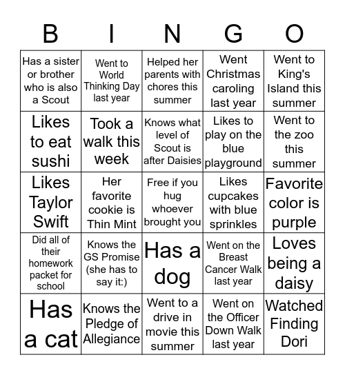 Daisy Bingo Card