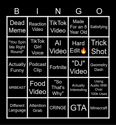 YouTube Shorts Bingo Card