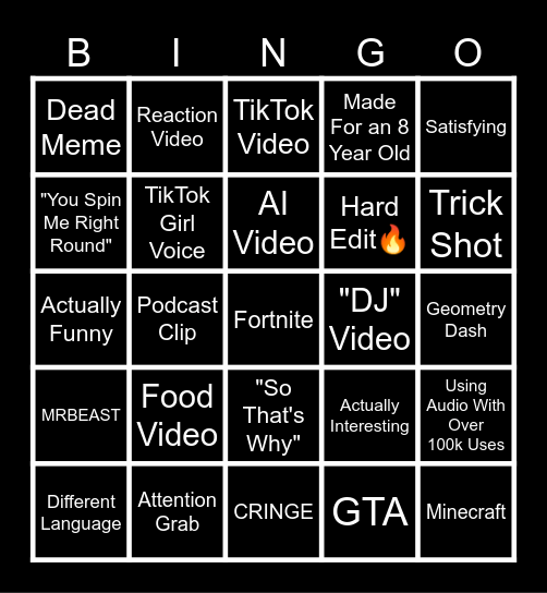 YouTube Shorts Bingo Card