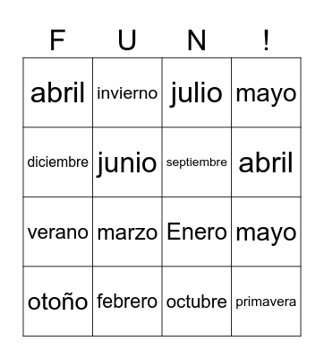 Bingo con los Meses del Año y las Estaciones Bingo Card