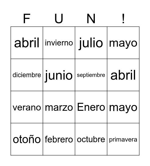 Bingo con los Meses del Año y las Estaciones Bingo Card