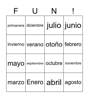 Bingo con los Meses del Año y las Estaciones Bingo Card