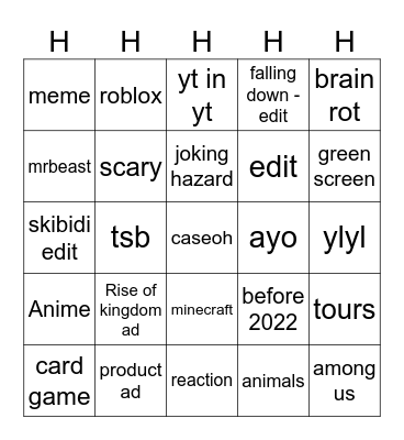 YT SHORTS BINGO Card
