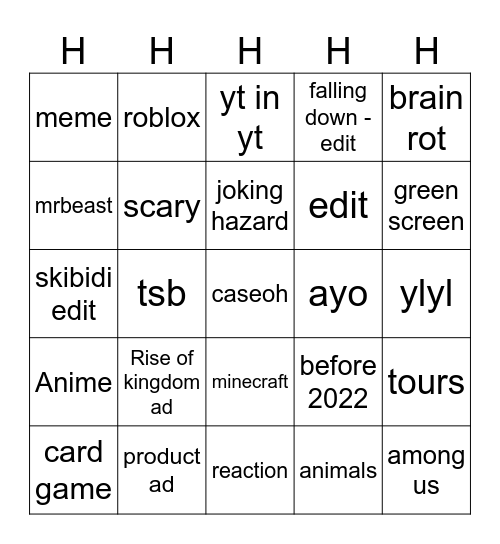 YT SHORTS BINGO Card