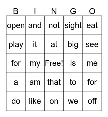 Sight Word Bingo! Bingo Card