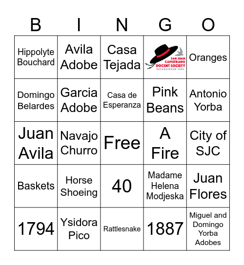 San Juan Capistrano Docent Society Bingo Card