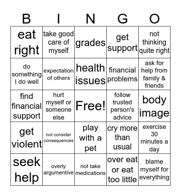 POSITIVE & NEGATIVE COPING SKILLS Bingo Card