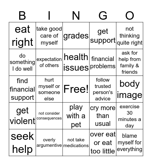 POSITIVE & NEGATIVE COPING SKILLS Bingo Card