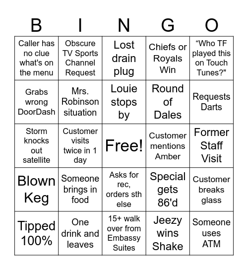 Johnathan's Tavern Bingo Card