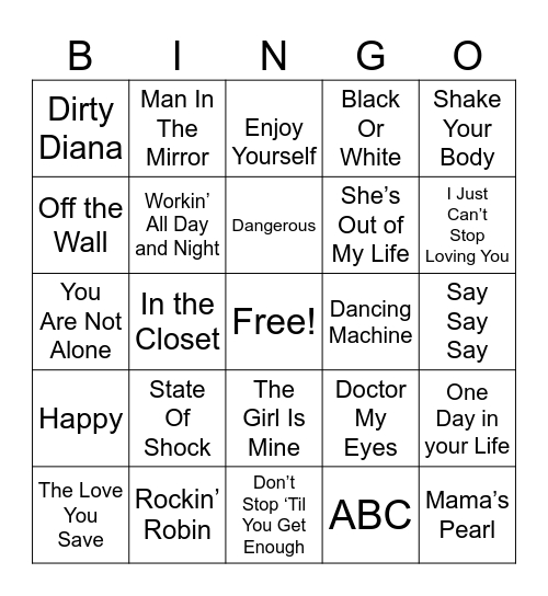 MJ Bingo Card