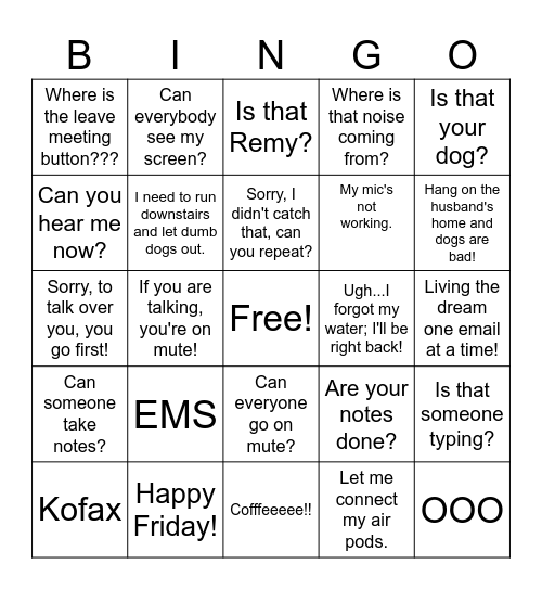 work work work work work! Bingo Card