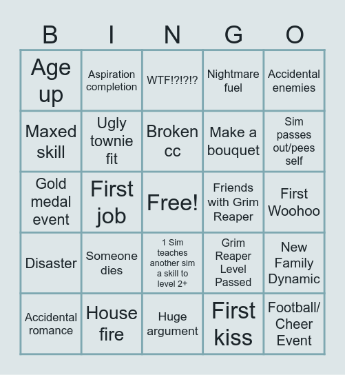 Sims Session Bingo Card