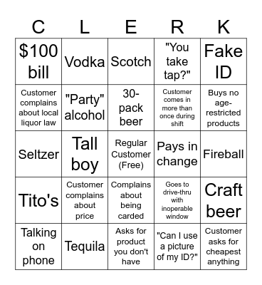 Liquor Store Bingo Card