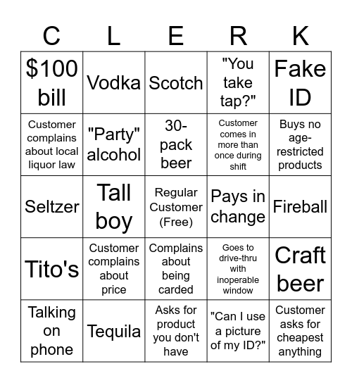 Liquor Store Bingo Card