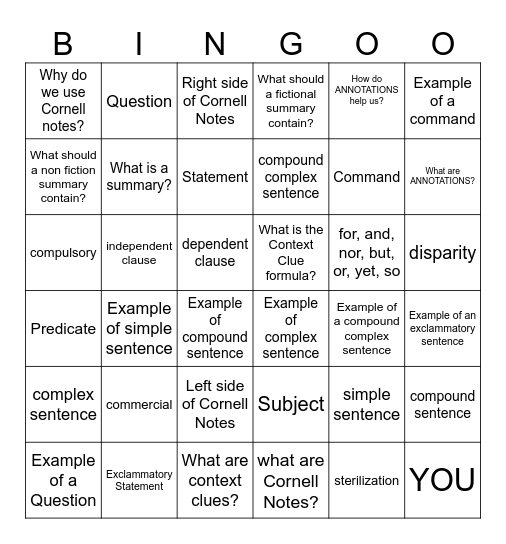 Review Cornell Notes/Sentence Structure Bingo Card