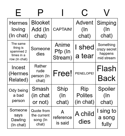 Epic Saga Bingo Card