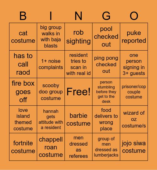 Front Desk Halloween Bingo Card