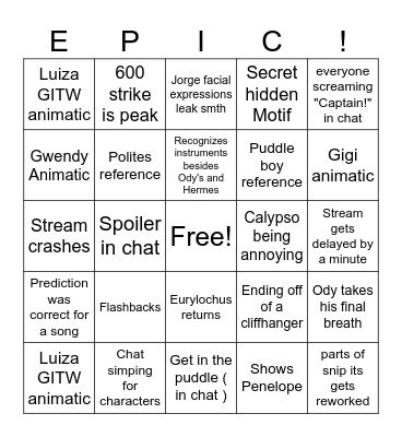 EPIC vengeance saga bingo Card
