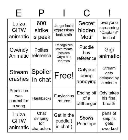 EPIC vengeance saga bingo Card