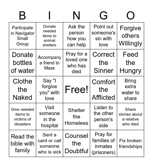 Works of Mercy Bingo Card