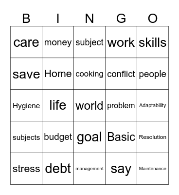 Life Skills Bingo Card