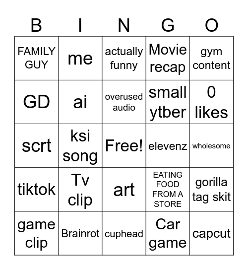 YT SHORTS BINGO Card