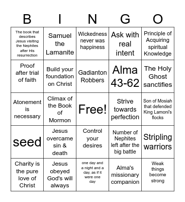 Book of Mormon Second Semster Bingo Card