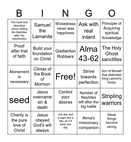 Book of Mormon Second Semster Bingo Card