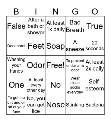 Personal Hygiene Bingo Card