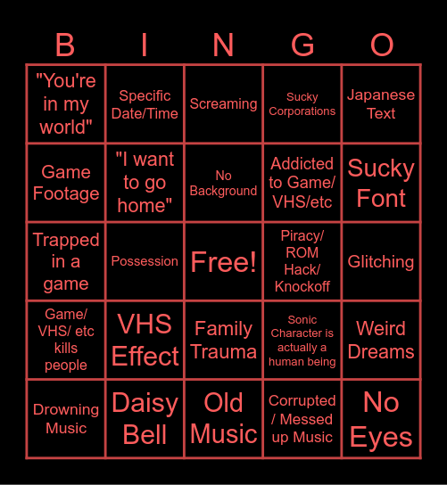 Sonic.EXE Bingo Card