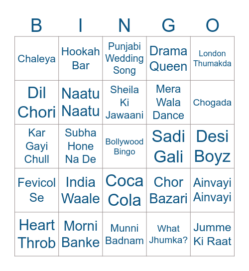 Bollywood Bingo Card