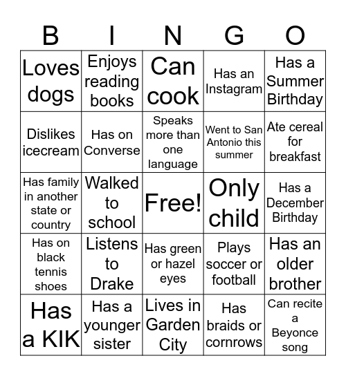 Getting to Know You Bingo Card