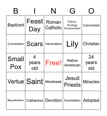 Saint Kateri Tekakwitha Bingo Card