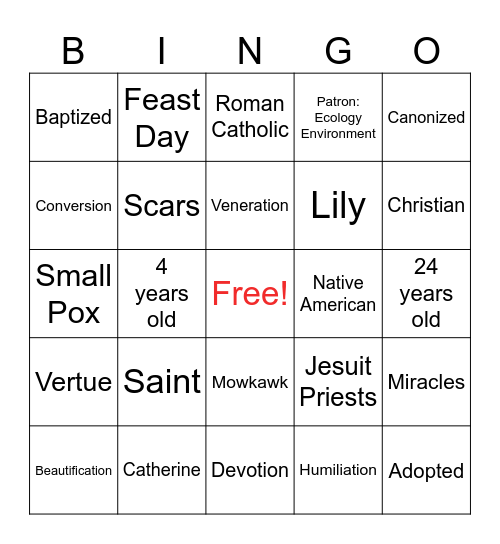 Saint Kateri Tekakwitha Bingo Card