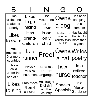 Getting to Know You Bingo Card