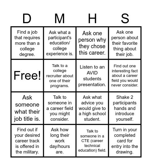 COLLEGE AND CAREER FAIR Bingo Card