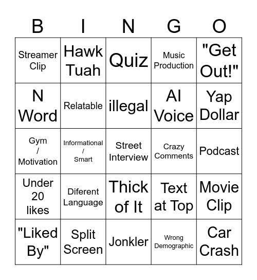 Instagram Reels Bingo Card